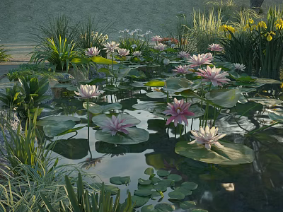 Scenic Water Lily Pond With Blooming Flowers Lily Pads And Green Reflections 3d model