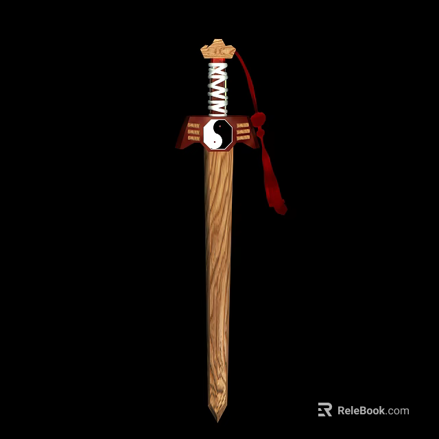 Traditional Japanese Sword With Wooden Handle Yin Yang Symbol And Red Tassel 3d model 
