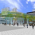 Commercial Street Modern Buildings With Colorful Facade Decorations Green Trees And Pedestrians