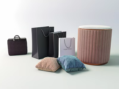 Stylish Daily Living Essentials With Pink Striped Stool Various Shopping Bags And Soft Cushions 3d model