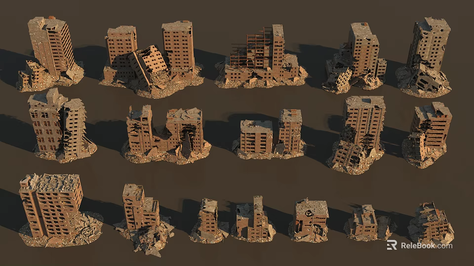Collapsed Building Ruins With Damaged High-Rise Structures And Broken Debris 3d model
