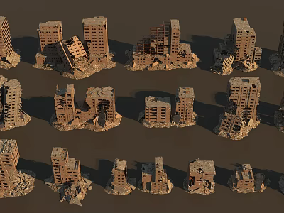 Collapsed Building Ruins With Damaged High-Rise Structures And Broken Debris 3d model