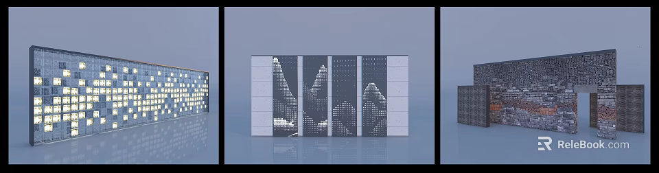 Modern Geometric Feature Wall With Perforated Mountain Pattern And Concrete Panels 3d model