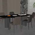 Modern Dining Table Set With Brown Gray Chairs Black Marble Top And Fruits Tableware