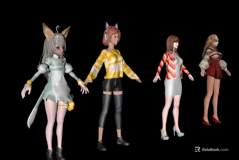 Anime Style Game and Movie Characters With Animal Ears Striped Outfits and High Heels 3d model 
