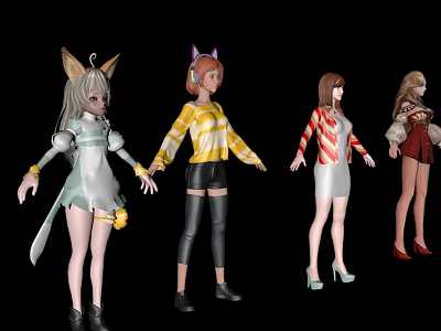 Anime Style Game and Movie Characters With Animal Ears Striped Outfits and High Heels 3d model