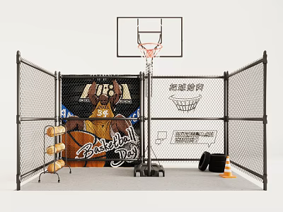 Indoor Basketball Court With Hoop Fence And Sports Gear 3d model