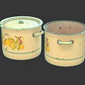 Vintage Enamel Cooking Pots With Yellow Fruit Patterns And Handles