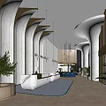 Modern Hotel Lobby Interior With Curved Arches Pendant Lights And Green Plants