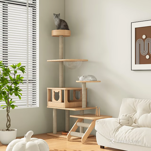 Sturdy Wooden Cat Tree With Multi Level Platforms Scratching Posts And Cat House 3d model 