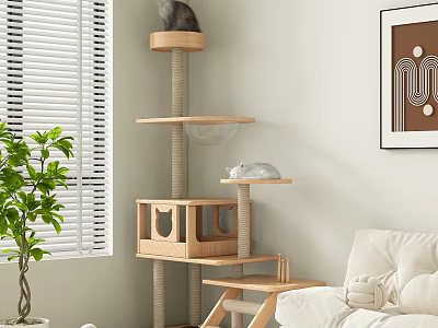 Sturdy Wooden Cat Tree With Multi Level Platforms Scratching Posts And Cat House 3d model