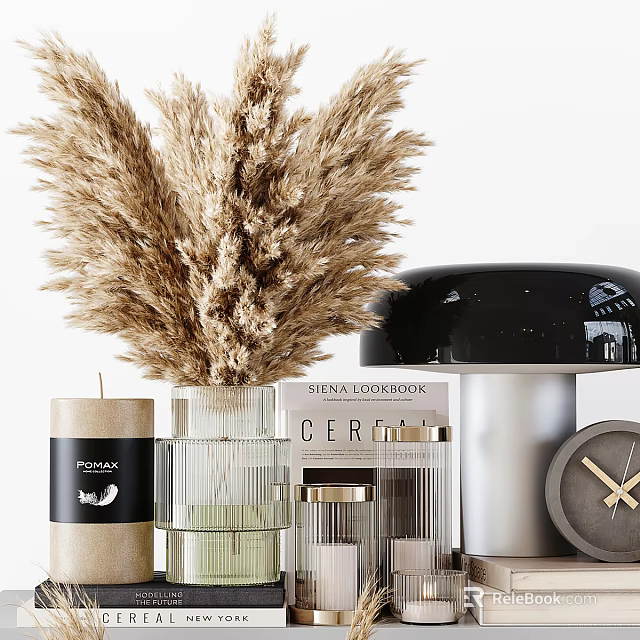 Modern Decorative Ornament Set With Pampas Grass Candle Books Metal Glass Containers And Clock 3d model 