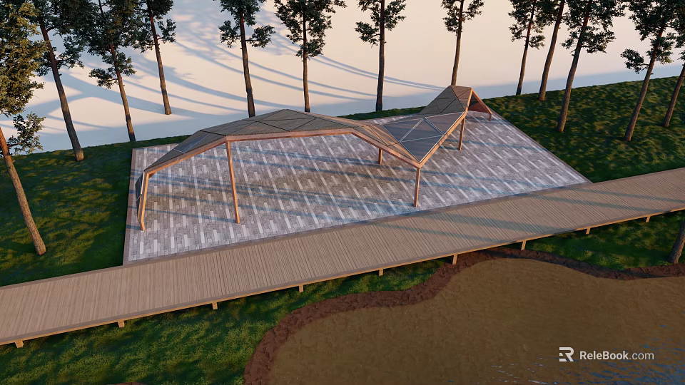 Wooden Pergola Surrounded by Trees with Paved Floor and Wooden Deck in Outdoor Landscape Area 3d model 