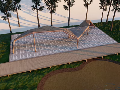 Wooden Pergola Surrounded by Trees with Paved Floor and Wooden Deck in Outdoor Landscape Area 3d model