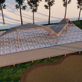 Wooden Pergola Surrounded by Trees with Paved Floor and Wooden Deck in Outdoor Landscape Area