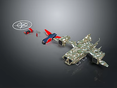 Camouflage Airplane Model Set With Red Toy Figure Car And White Circular Sign 3d model