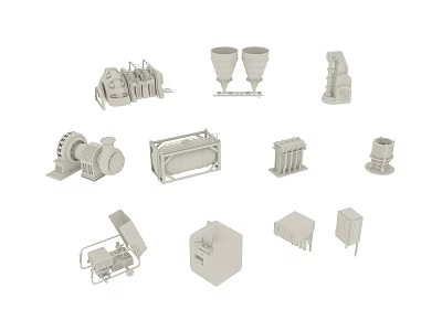 Various Industrial Equipment Components Including Gear Pump Container Motor And Mechanical Parts On White Background 3d model