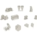 Various Industrial Equipment Components Including Gear Pump Container Motor And Mechanical Parts On White Background
