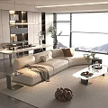 Modern Living Room Interior With Beige Sofa Glass Coffee Table And Large Windows