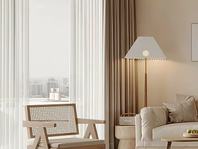 Modern Rattan Back Wooden Leisure Chair In Cozy Bright Warm Toned Living Room By Window 3d model