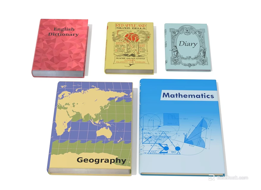 Collection of Educational Books Including English Phonetics Bible Story Diary Geography Math and World Map 3d model 
