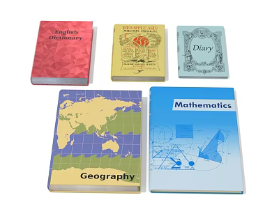 Collection of Educational Books Including English Phonetics Bible Story Diary Geography Math and World Map 3d model