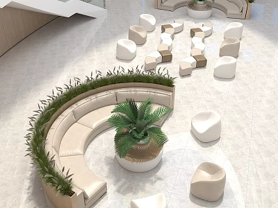 Curved Public Chairs With Green Plants In Modern Indoor Hall Space 3d model