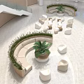 Curved Public Chairs With Green Plants In Modern Indoor Hall Space