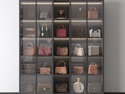 Fashionable Handbags Collection In Transparent Display Cabinet With Various Styles And Colors 3d model