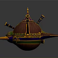 Steampunk Cosmic Spaceship With Ornate Spire Vibrant Color Accents And Wing Structures