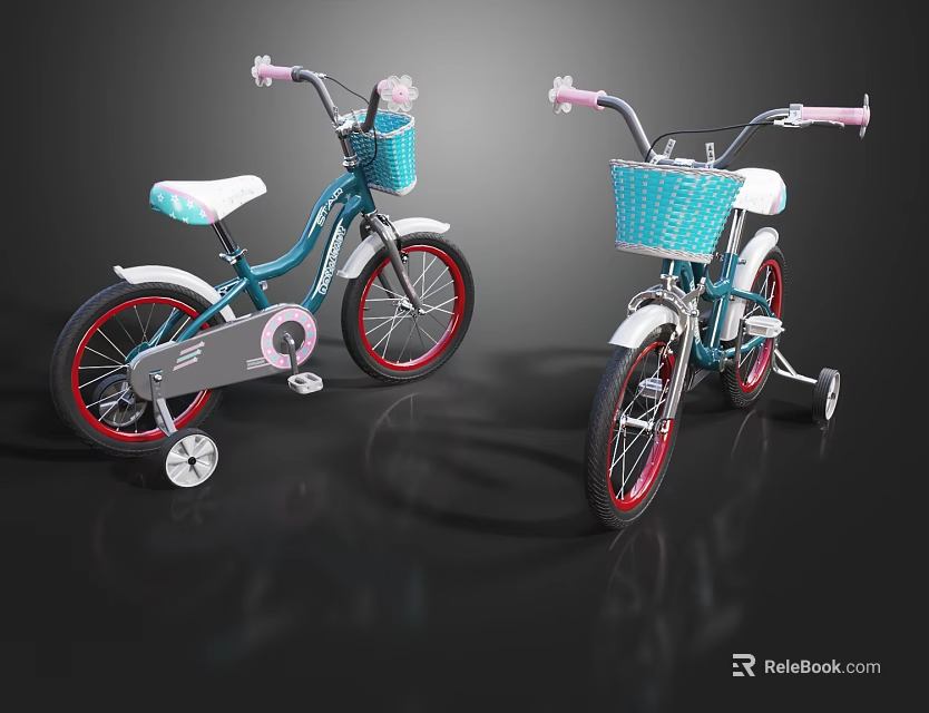 Teal Kids Bicycles With Pink Handlebars Blue Baskets Red Wheels And Training Wheels 3d model 