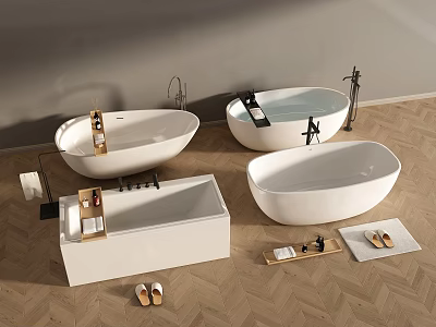 White Modern Bathtub Designs With Various Styles Faucets Trays And Bath Accessories 3d model