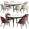 Round Marble Dining Table Set With Red Quilted And Light Colored Upholstered Chairs 3d model