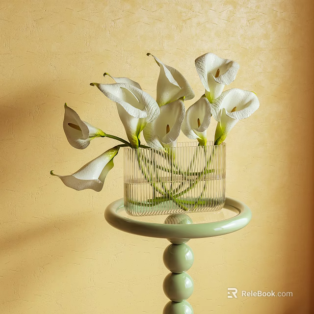 White Calla Lilies in Transparent Glass Vase on Light Green Stand with Warm Yellow Background 3d model 