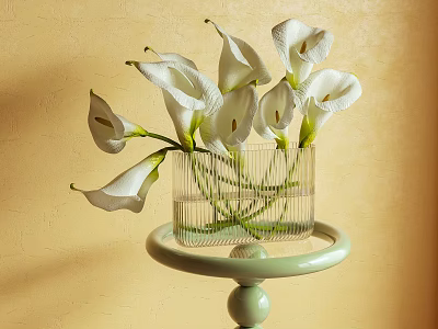 White Calla Lilies in Transparent Glass Vase on Light Green Stand with Warm Yellow Background 3d model