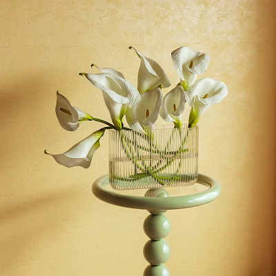 White Calla Lilies in Transparent Glass Vase on Light Green Stand with Warm Yellow Background 3d model