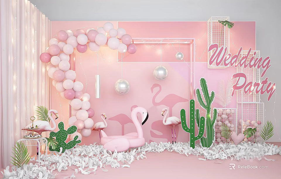 Pink Wedding Party Photo Spot With Heart Balloons Flamingos And Cacti 3d model 