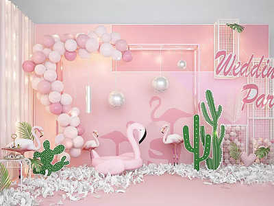Pink Wedding Party Photo Spot With Heart Balloons Flamingos And Cacti 3d model