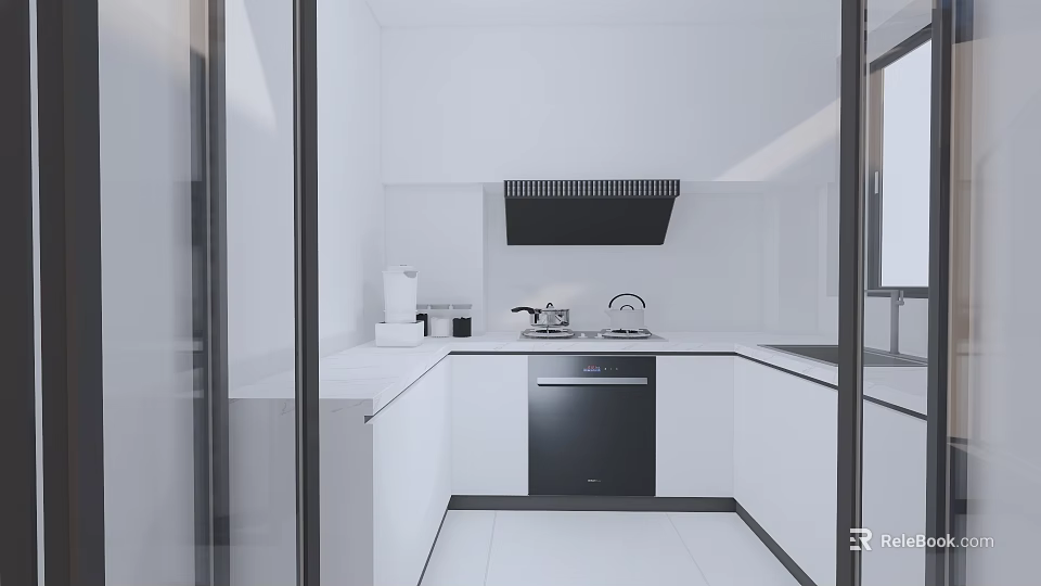 Modern Kitchen Interior With White Cabinets Black Range Hood White Countertop And Dishwasher 3d model 