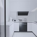 Modern Kitchen Interior With White Cabinets Black Range Hood White Countertop And Dishwasher