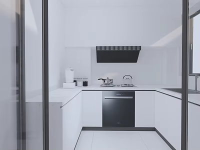 Modern Kitchen Interior With White Cabinets Black Range Hood White Countertop And Dishwasher 3d model