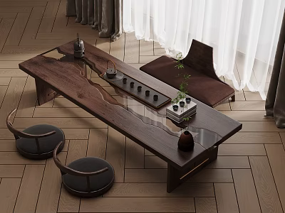 Solid Wood Tea Table With Tea Utensils Two Floor Cushions Curtains And Wooden Floor 3d model