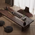 Solid Wood Tea Table With Tea Utensils Two Floor Cushions Curtains And Wooden Floor