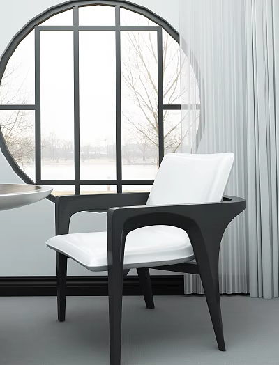 Modern Armchair With Black Frame And White Cushion In Bright Interior Near Window 3d model