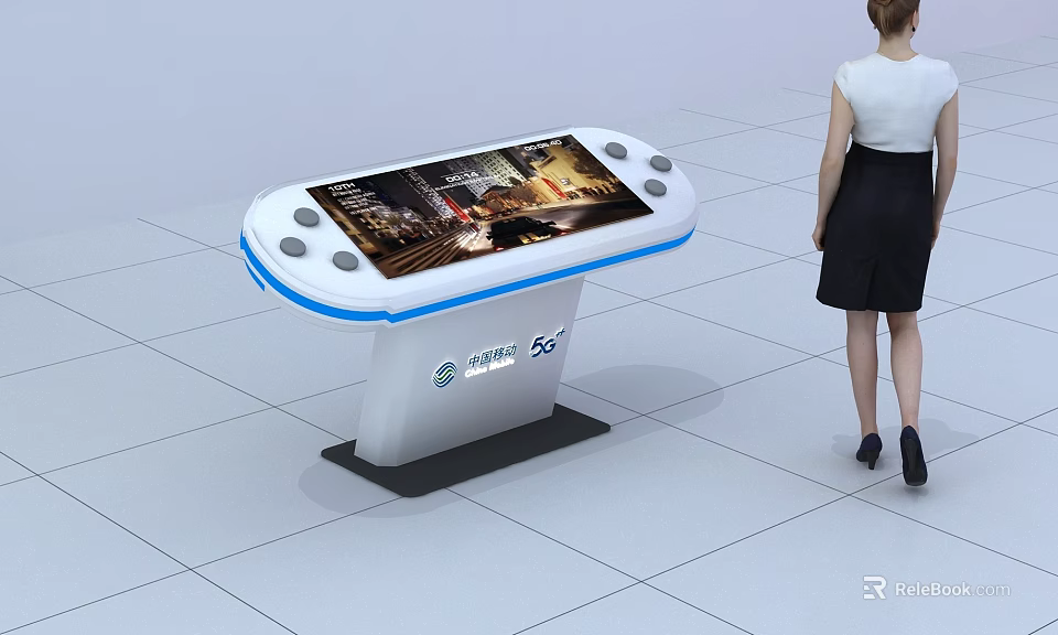 Modern Interactive Exhibition Island With Digital Screen And Woman Standing Nearby 3d model 