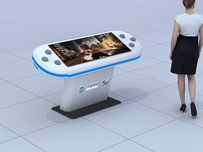 Modern Interactive Exhibition Island With Digital Screen And Woman Standing Nearby 3d model