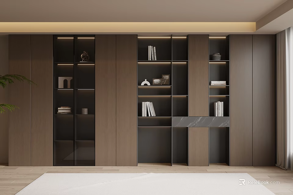 Modern Wooden Bookcase With Glass Doors And Decorative Items On Shelves 3d model 