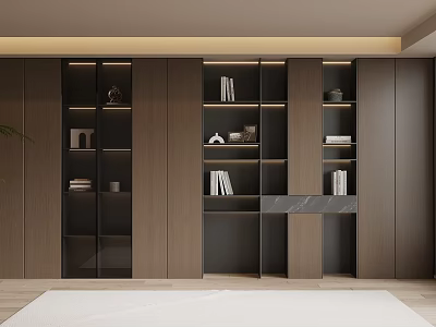 Modern Wooden Bookcase With Glass Doors And Decorative Items On Shelves 3d model
