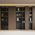 Modern Wooden Bookcase With Glass Doors And Decorative Items On Shelves