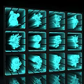 Mirror Displaying Glowing Blue Cartoon Characters in Grid Design with Reflections 3d model